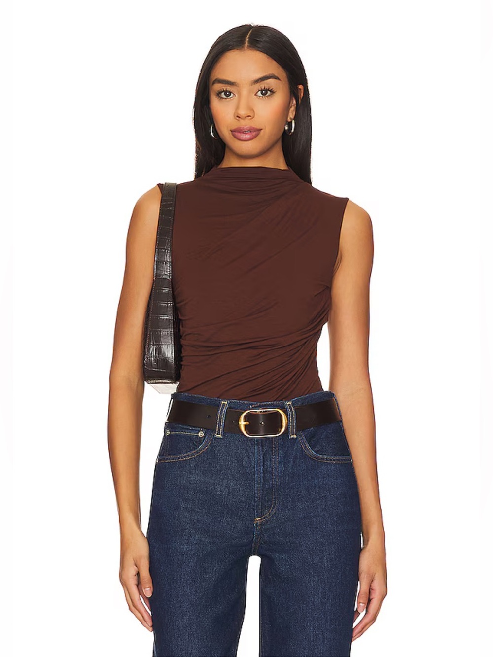 Enza Costa REVOLVE Ruched Sleeveless Luxe Twist Top Saddle Brown Size Small